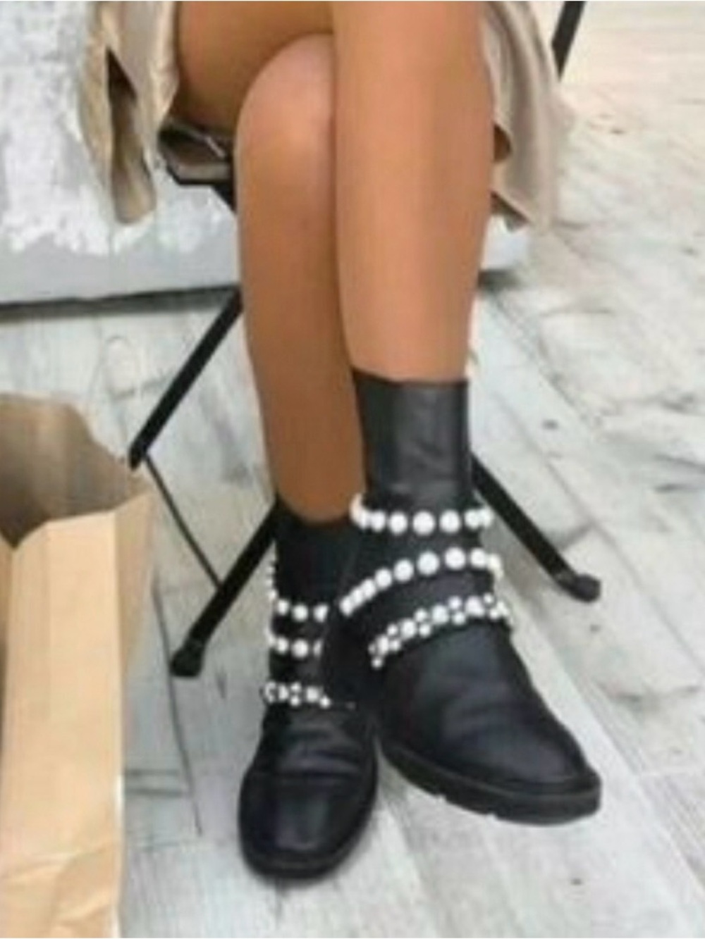 Zara Leather Pearl Strap Ankle Boots Block Heel Size 8 Black - Picture 2 of 12